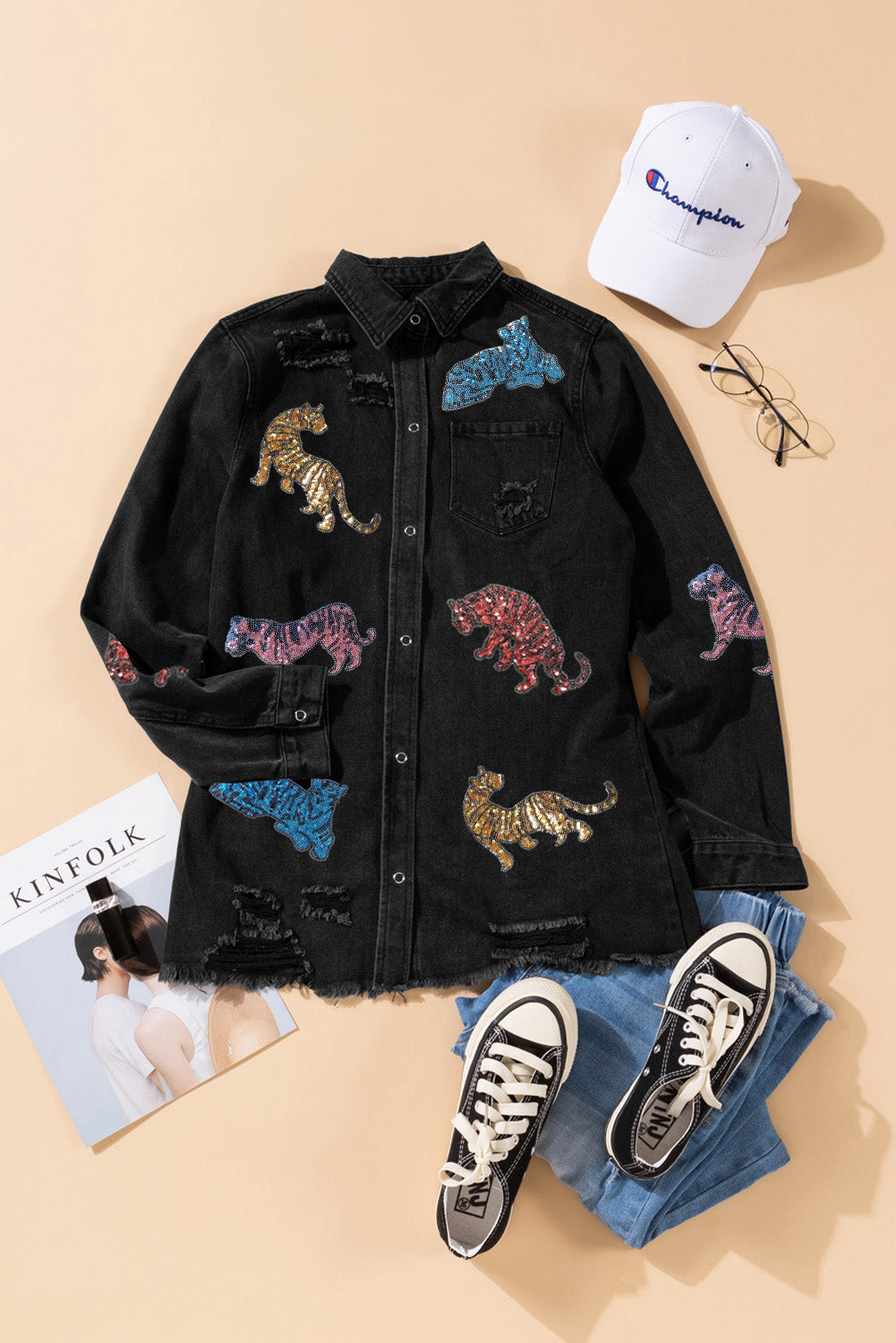 Black Sequined Tigers Graphic Raw Hem Frayed Denim Jacket
