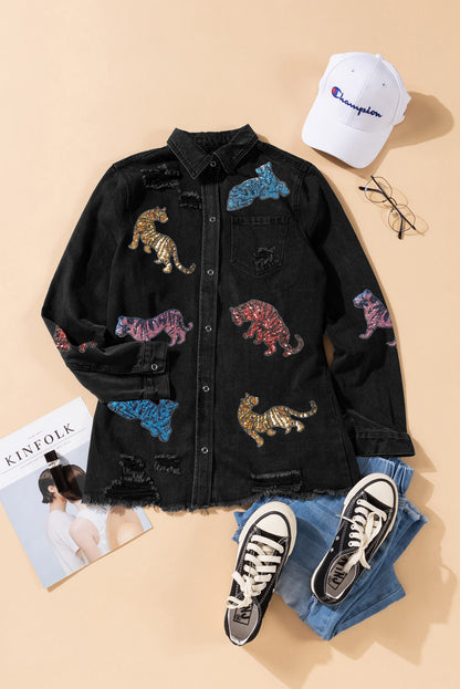 Black Sequined Tigers Graphic Raw Hem Frayed Denim Jacket