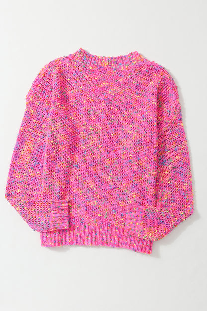Dunkelrosa bunt gepunkteter Strickpullover mit V-Ausschnitt
