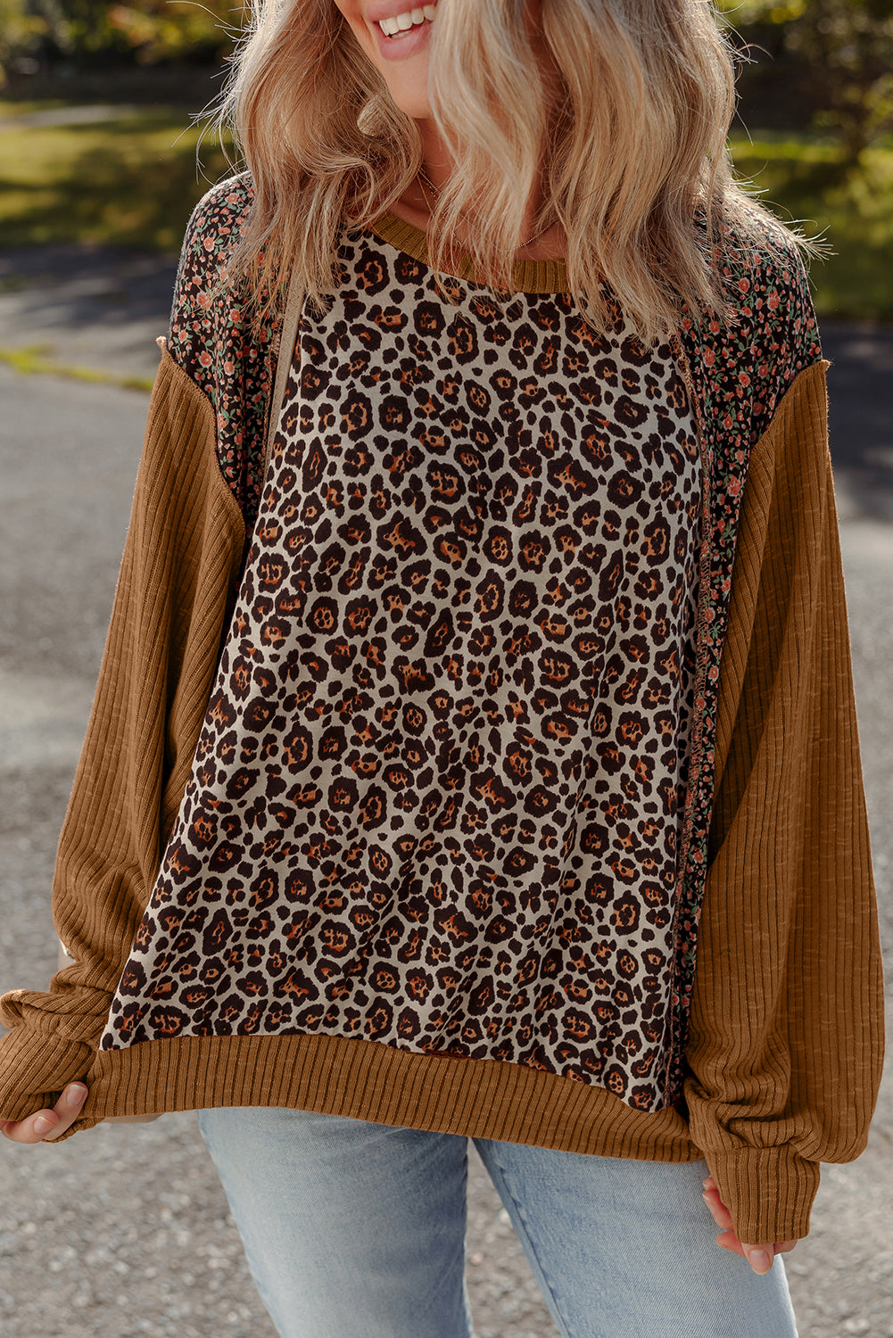 Brown Leopard Floral Print Ribbed Puff Sleeve Patchwork Loose Pullover