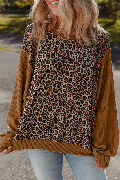 Brown Leopard Floral Print Ribbed Puff Sleeve Patchwork Loose Pullover