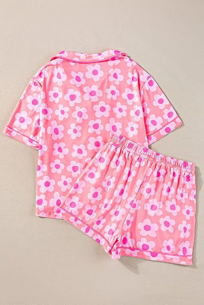 Rosa Pyjama-Set mit kurzärmligem Hemd und Blumenmuster