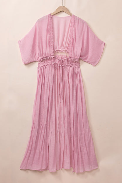 Hellrosa Maxi-Kimono mit offener Vorderseite und Spitzenspleiß