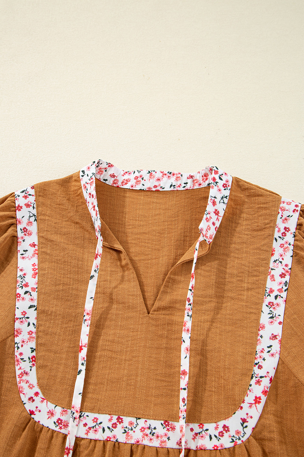 Straw Yellow Split Neck Pleated Floral Trim Long Puff Sleeve Blouse