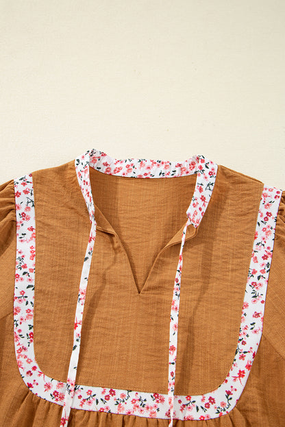 Straw Yellow Split Neck Pleated Floral Trim Long Puff Sleeve Blouse