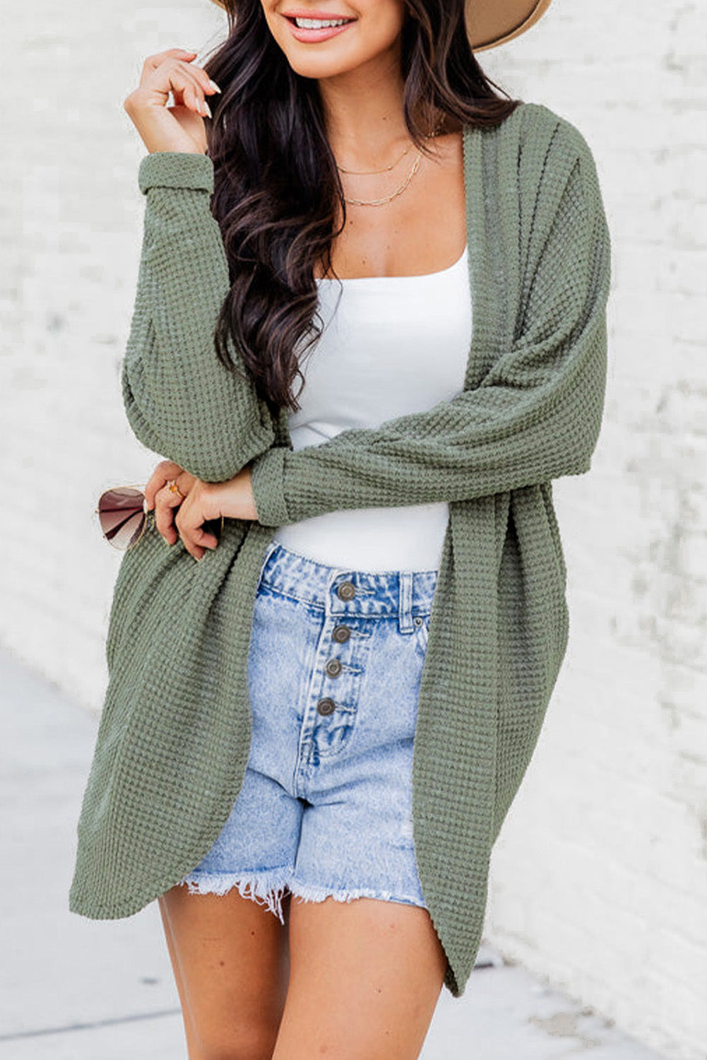 Laurel Green – Strickjacke mit offener Vorderseite und Waffelstrick
