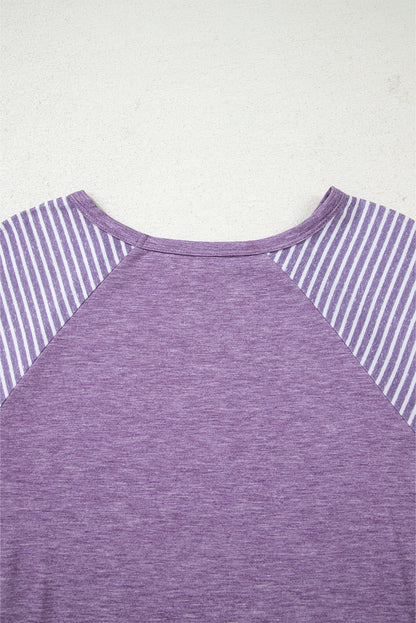 Tillandsia Purple Contrast Print Striped Raglan Long Sleeve Loose Top