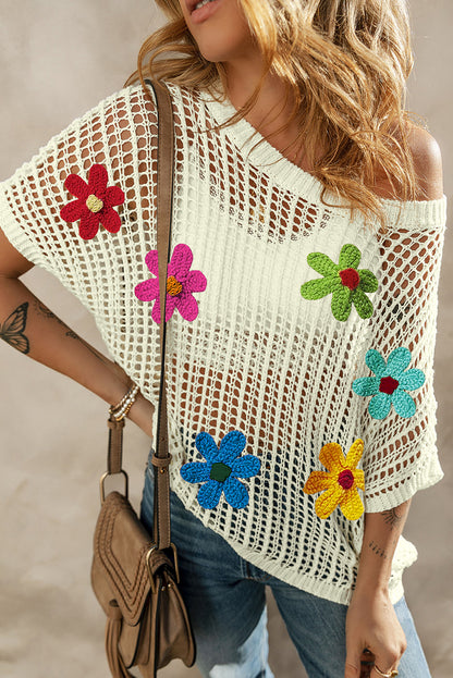Weißes T-Shirt mit Häkelblumen-Aushöhlung