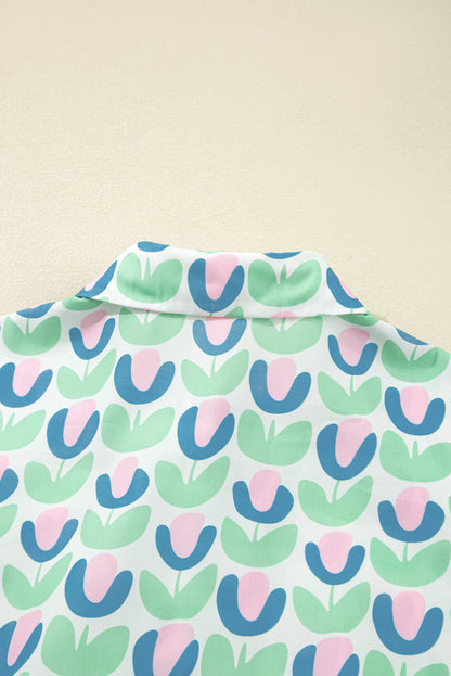 Green Floral Print Notched Neck Scalloped Detail Long Sleeve Mini Dress