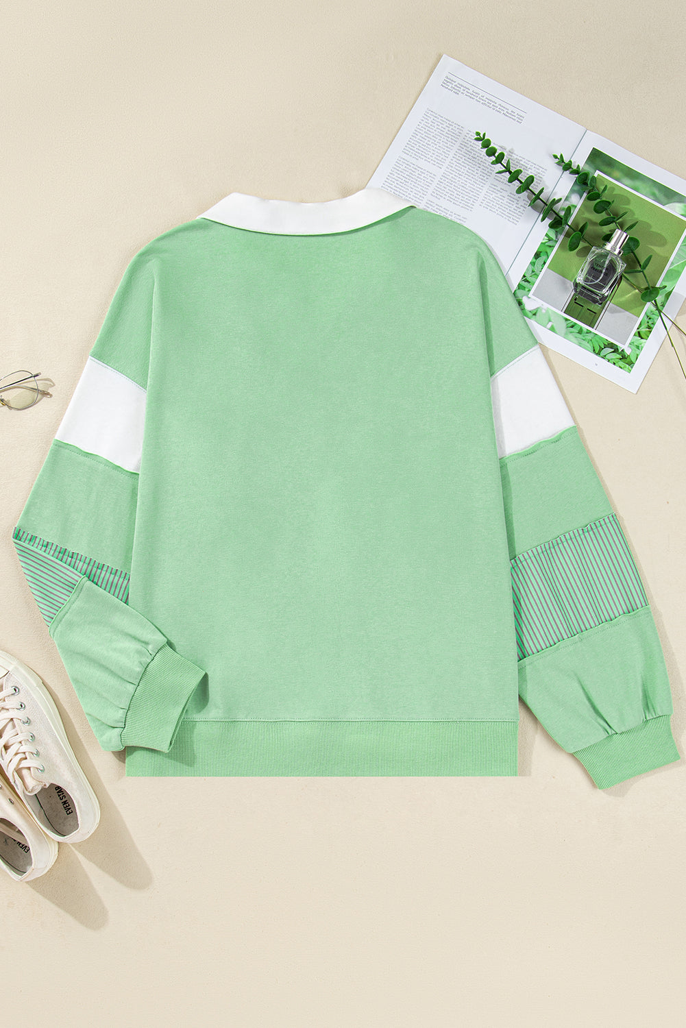 Moonlight Jade Color Block Striped Patchwork Collar V Neck Plus Size Sweatshirt