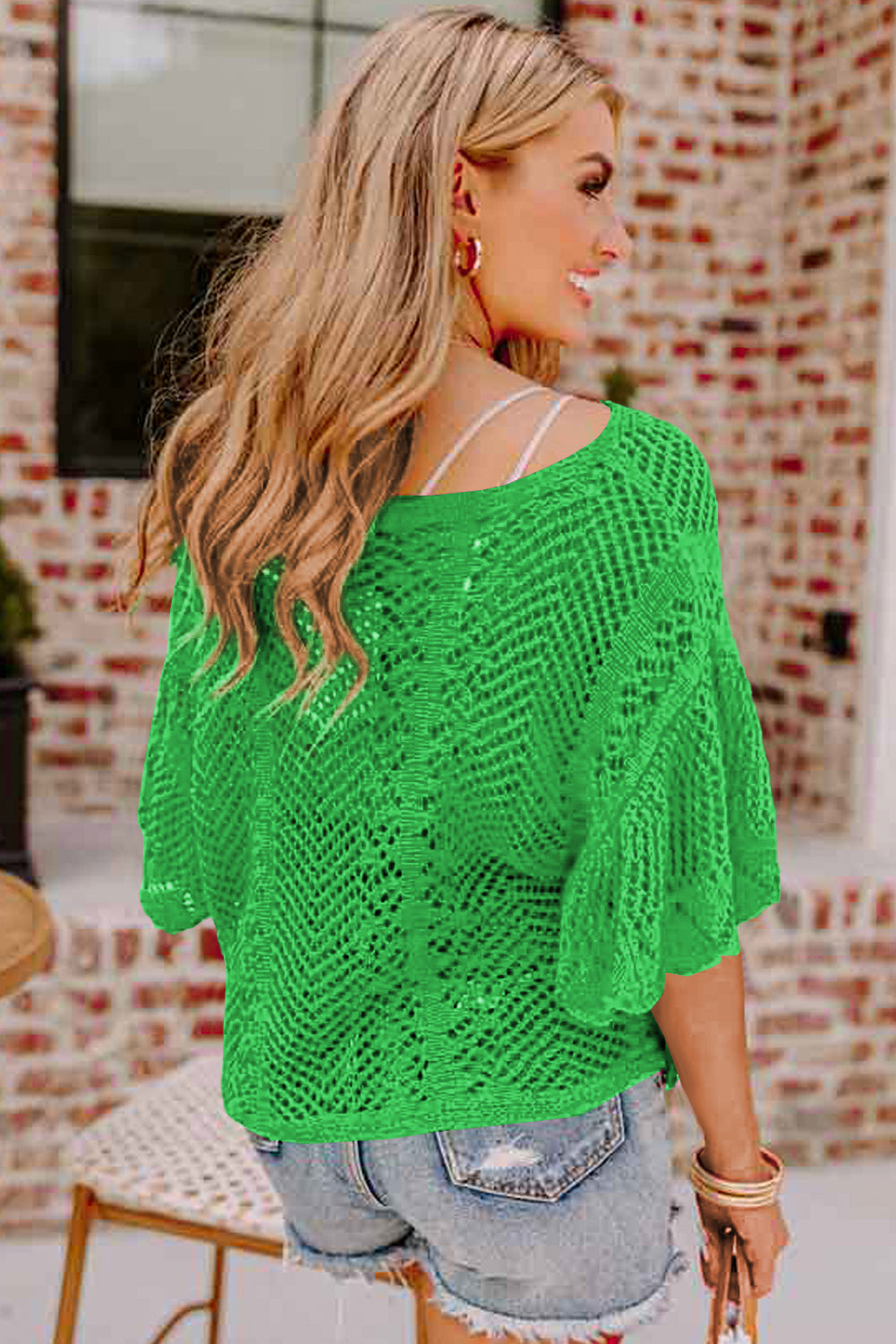 Grünes, kurzärmliges Pointelle-Stricktop mit Muschelsaum