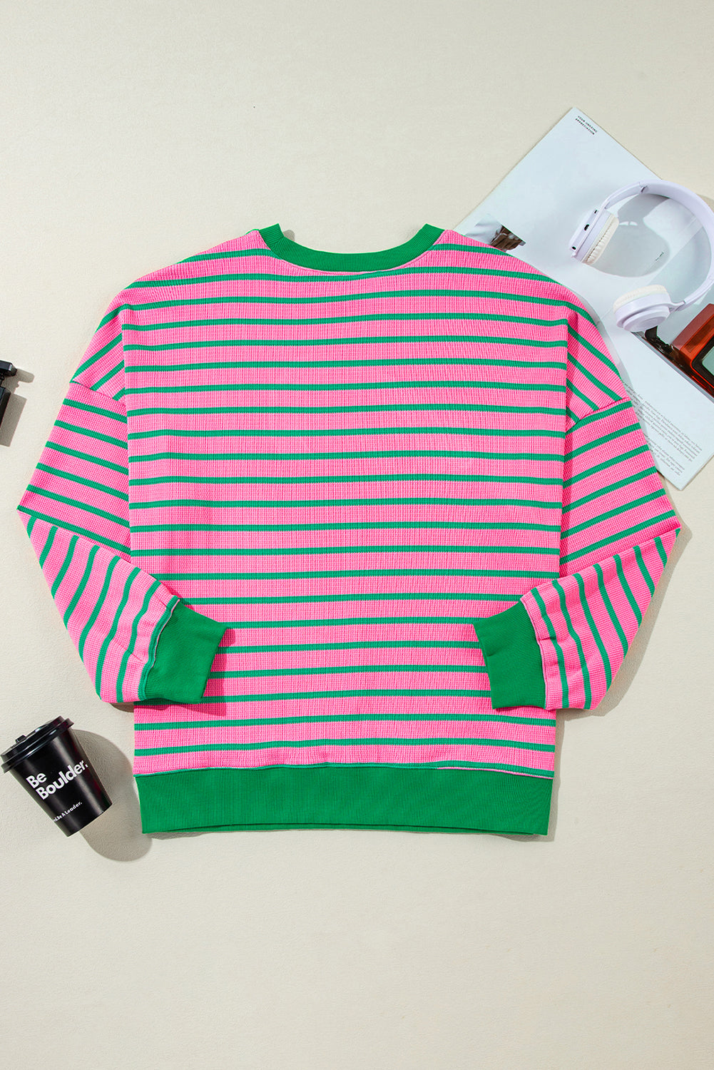 Rosa gestreiftes Rundhals-Sweatshirt mit Waffelstrick in Übergröße