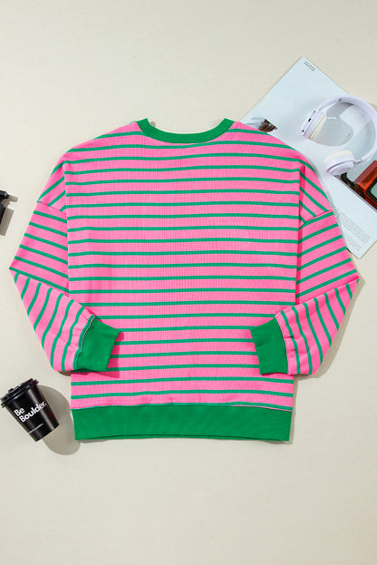 Rosa gestreiftes Rundhals-Sweatshirt mit Waffelstrick in Übergröße
