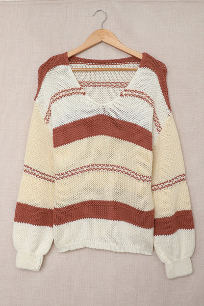 Gestrickter Pullover mit V-Ausschnitt und Laternenärmeln
