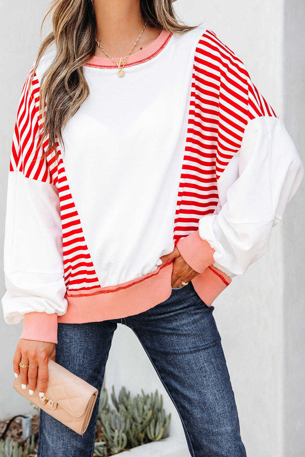 Red Stripe Colorblock Patchwork Contrast Stitching Oversize Sweatshirt