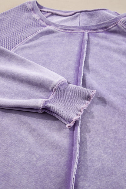 Orchid Petal Solid Waffelstrick Patchwork Raglanärmel Sweatshirt