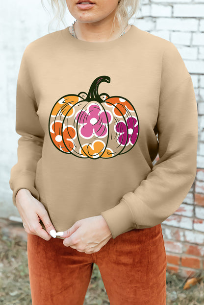 Khakifarbenes Sweatshirt mit Halloween-Blumen-Kürbis-Grafik und überschnittener Schulter