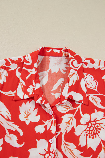 Red Plus Size Floral Print Loose Button Up Shirt