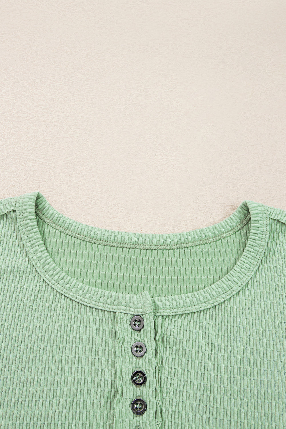 Meadow Mist Green Textured Knit Drop Shoulder Color Block Detail Long Sleeve Henley Top