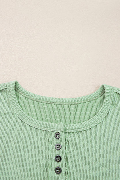 Meadow Mist Green Textured Knit Drop Shoulder Color Block Detail Long Sleeve Henley Top