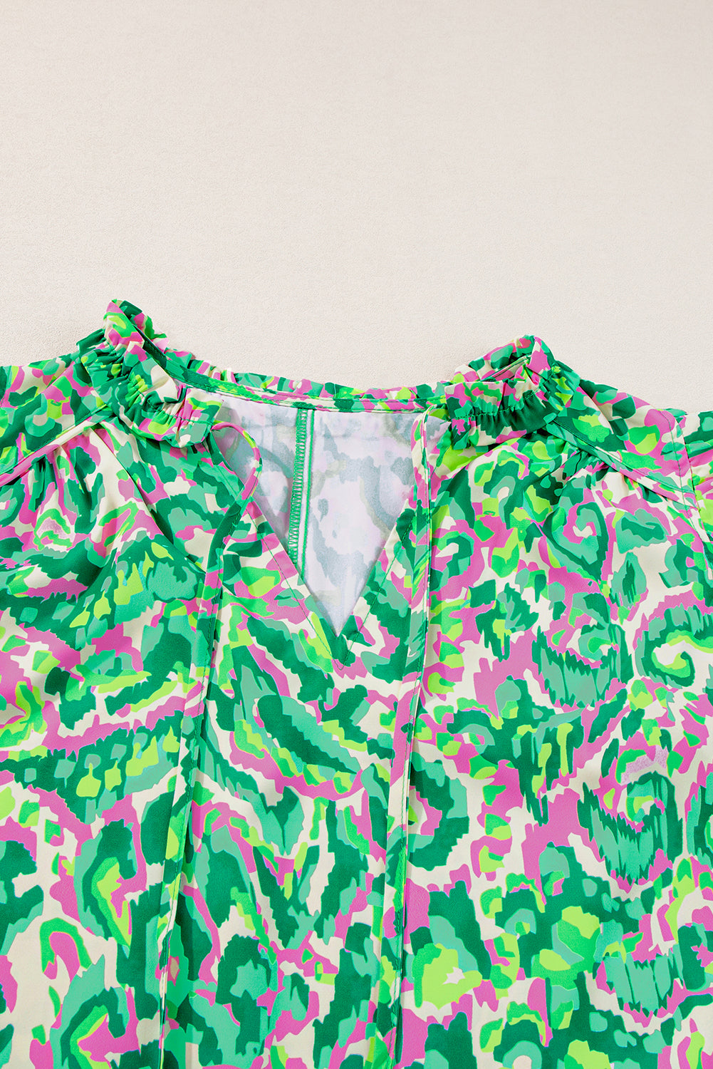 Green Pastel/Floral/Abstract Print Ruffled Trim Tied Split Neck Tank Top