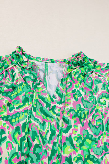 Green Pastel/Floral/Abstract Print Ruffled Trim Tied Split Neck Tank Top