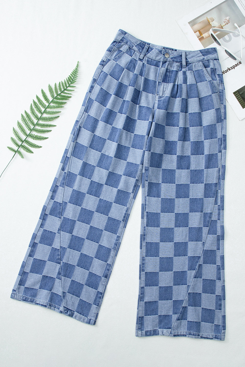 Abendblaue Jeans mit weitem Bein und Karomuster