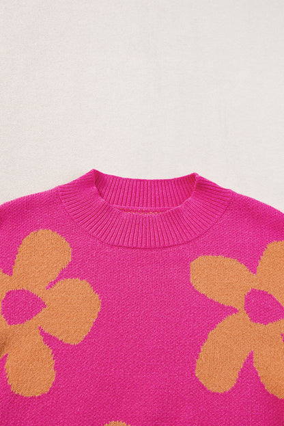 Langarmpullover mit Stehkragen und großem Blumenmuster in Rose