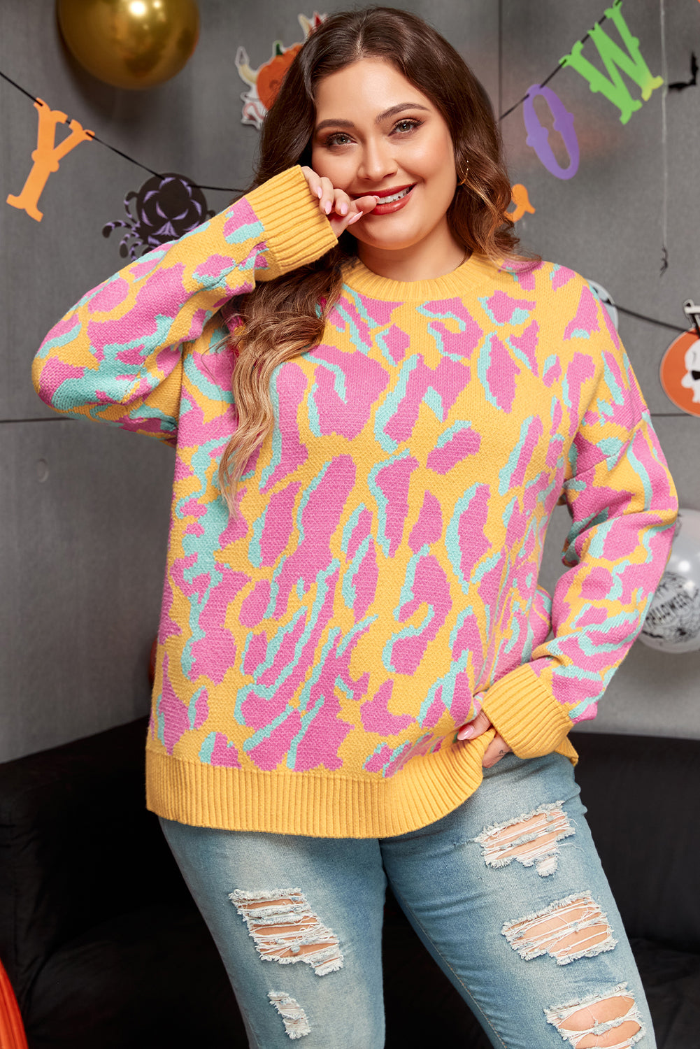 Leuchtend rosa Pullover mit geripptem Leopardenmuster in Übergröße