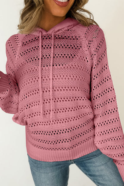Pfirsichblüten-Pointelle-Strickpullover mit Raglanärmeln und Kapuze