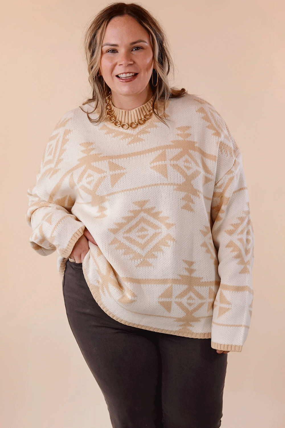Apricot – Lockerer Pullover mit Western-Azteken-Print in Übergröße