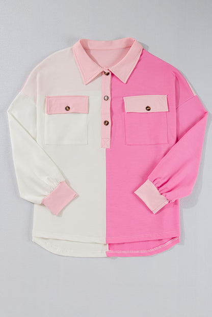 Bonbon Farbblock-Brusttaschen Halbknopf-Sweatshirt in Übergröße