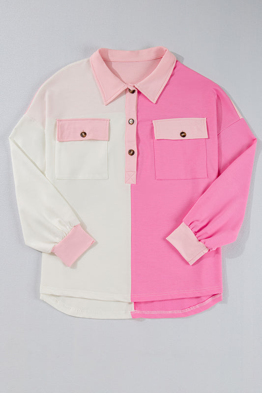 Bonbon Farbblock-Brusttaschen Halbknopf-Sweatshirt in Übergröße