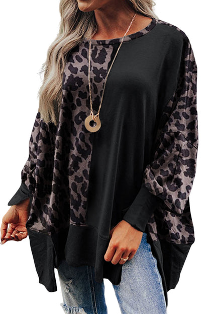 Schwarzes Sweatshirt mit Leoparden-Patchwork und Schlitzen im Bischofsärmel-Stil