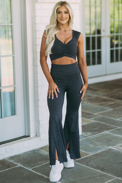 Carbon Grey Ruched Cropped Tank Split Flare Leg Pants Set