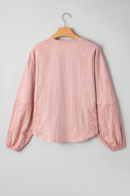 Light Pink Keyhole Notch V Neck Batwing Sleeve Blouse