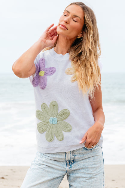 Weiße, mehrfarbige, kurzärmlige Pullover mit Häkelblumenmuster