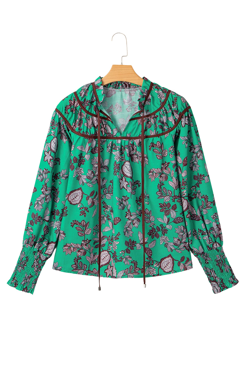 Green Leaves Print Contrast Trim V Neck Shirred Puff Sleeve Blouse
