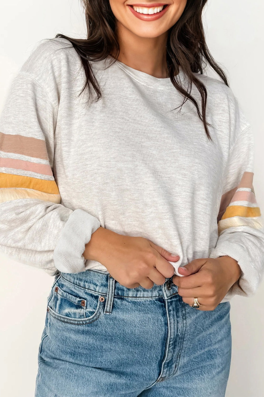 Light Grey Multicolored Striped Patchwork Drop Shoulder Sweatshirt