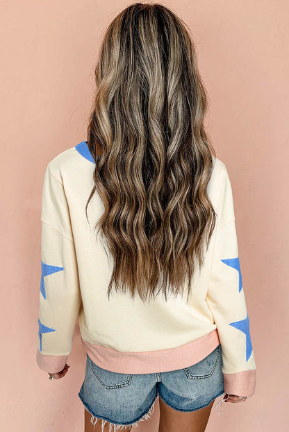 Beiges Oversize-Sweatshirt mit Stern-Patchwork und sichtbaren Nähten