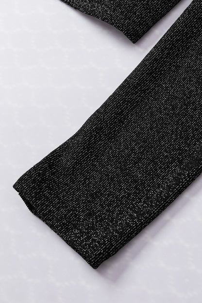 Schwarzes, schmal geschnittenes Strickoberteil mit Gigot-Ärmeln in Metallic-Optik