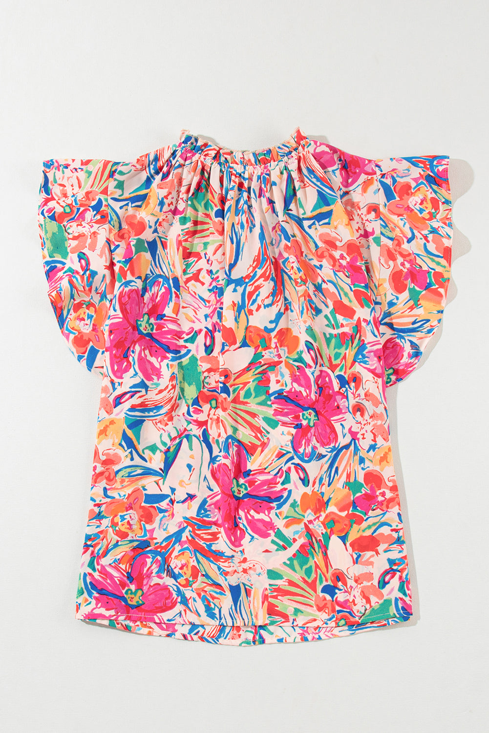 Mehrfarbige Sommerbluse mit Blumenmuster, Rüschenärmeln und V-Ausschnitt