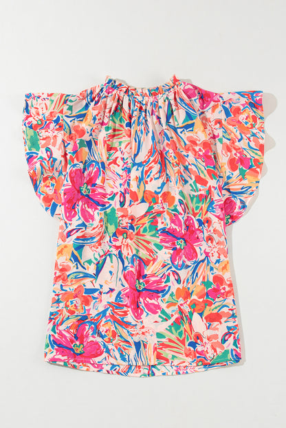 Mehrfarbige Sommerbluse mit Blumenmuster, Rüschenärmeln und V-Ausschnitt