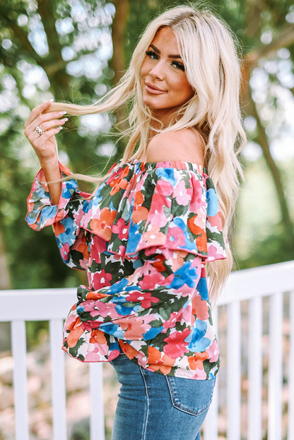 Schulterfreie Bluse mit Blumenmuster und Rüschen