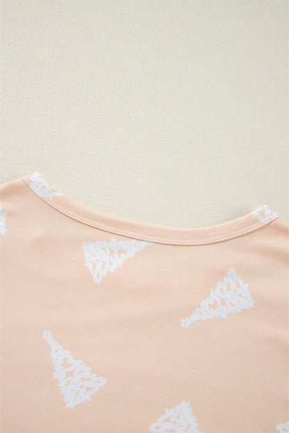 Aprikosenfarbenes, zweiteiliges Pyjama-Set mit Weihnachtsbaum-Print und lockerer Passform