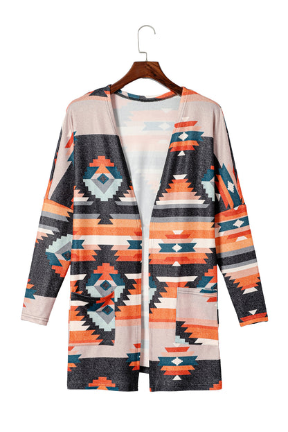 Orangefarbene Strickjacke mit Western-Tribal-Aztekenmuster