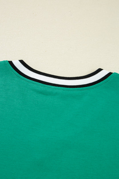 Mint Green Varsity Contrast Striped V Neck Long Sleeve T Shirt Dress with Pockets