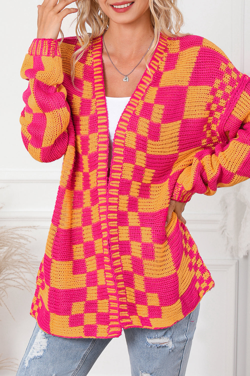 Mehrfarbige Strickjacke mit offenem Vorderteil und gemischtem Karomuster