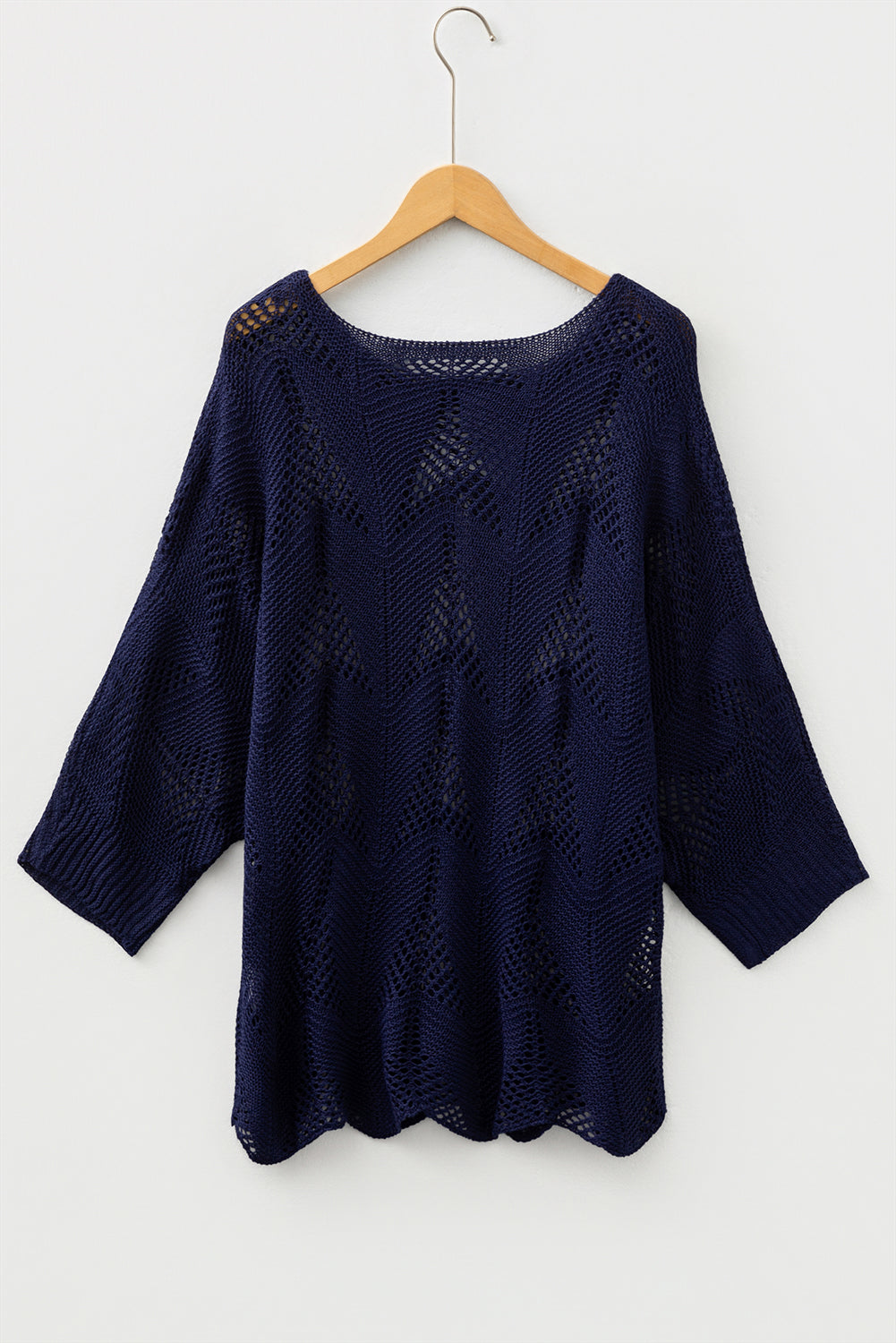 Navy Blue Hollow Out Knit 7/8 Sleeve Casual Sweater