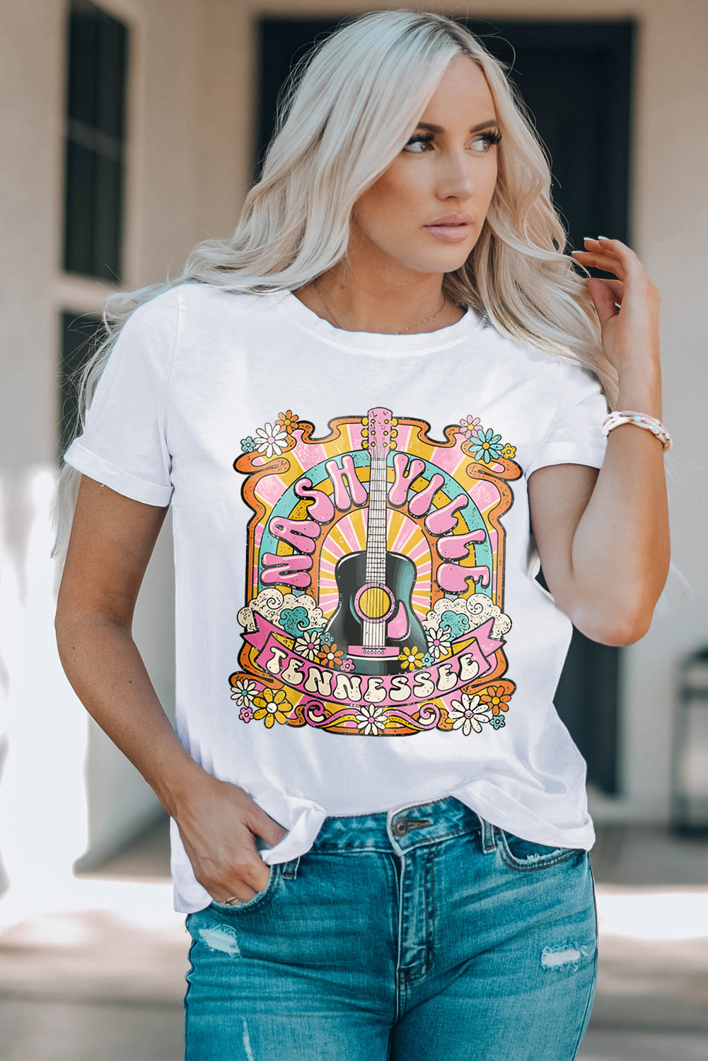 Weißes Country-Musik-T-Shirt mit NASHIVILLE-Gitarrengrafik